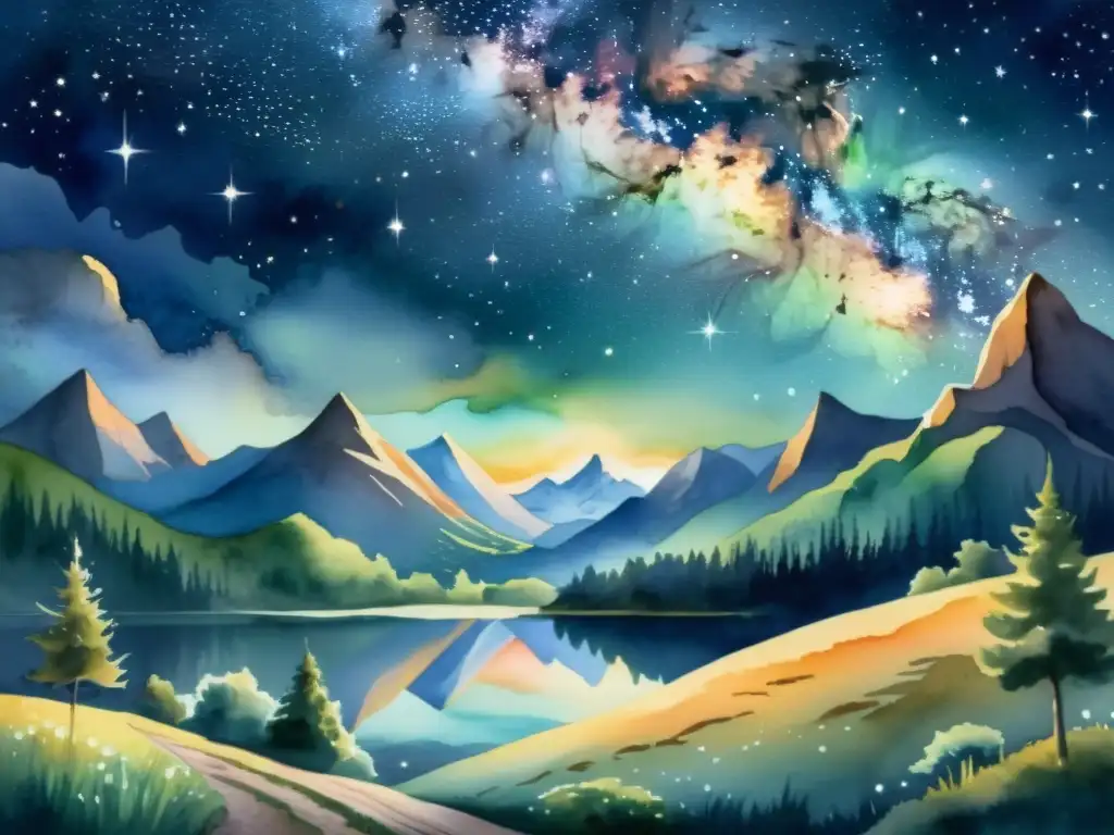 Una pintura acuarela de un cielo estrellado sobre montañas, ideal para retiros espirituales observación estelar