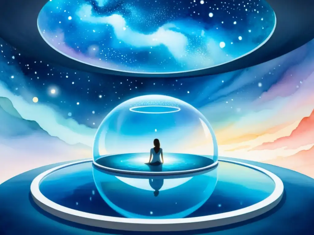 Acuarela 8k: Cámara de privación sensorial futurista Una pintura acuarela 8k detallada de una cámara de aislamiento sensorial futurista
