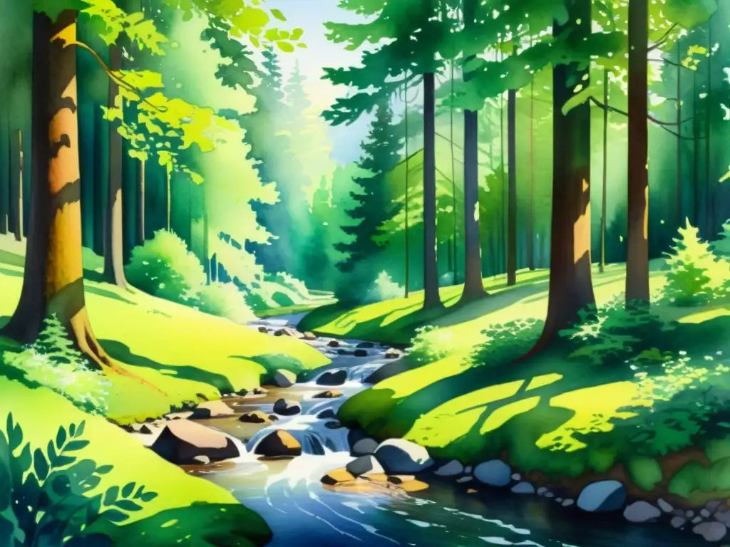 Bosque sereno en acuarela: luz y armonía natural Una pintura acuarela detallada de un claro de bosque sereno con un arroyo cristalino