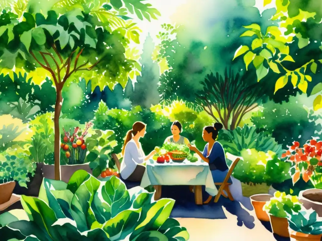 Jardín Ayurvédico: Armonía y Vitalidad en Acuarela Una pintura acuarela detallada de un jardín exuberante con frutas y verduras vibrantes