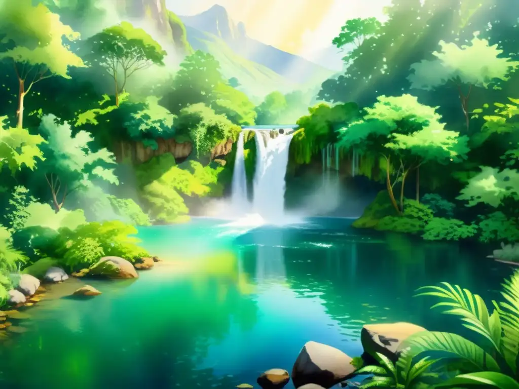 Una pintura acuarela 8k detallada de un santuario natural sereno con cascada y agua cristalina