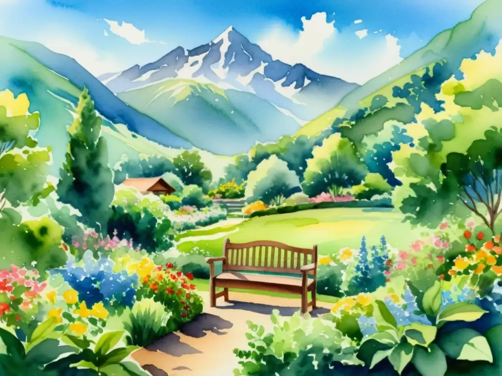 Jardín sereno y exuberante con arroyo y montañas Una pintura acuarela detallada de un tranquilo jardín verde con un banco de madera entre flores vibrantes