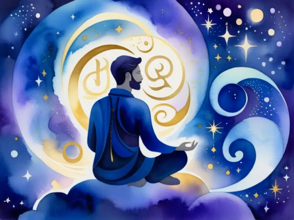 Retrato acuarela en meditación profunda: indigo, violeta y oro Una pintura acuarela etérea de una figura en profunda contemplación, rodeada de tonos índigo, violeta y dorado