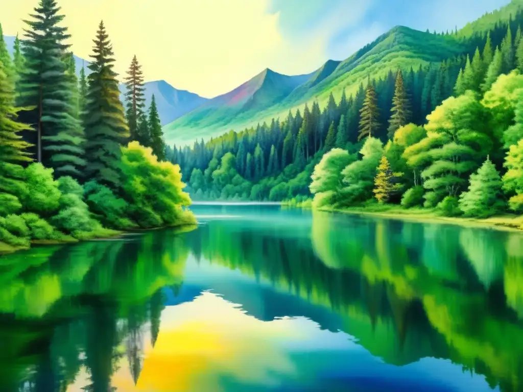 Pintura acuarela: Lago sereno en bosque vibrante Una pintura acuarela etérea de un lago sereno y tranquilo en un exuberante bosque