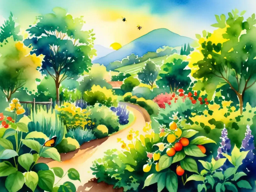 Jardín colorido y sereno: naturaleza exuberante Una pintura acuarela de un exuberante jardín rebosante de frutas, verduras y hierbas, irradiando tranquilidad y abundancia