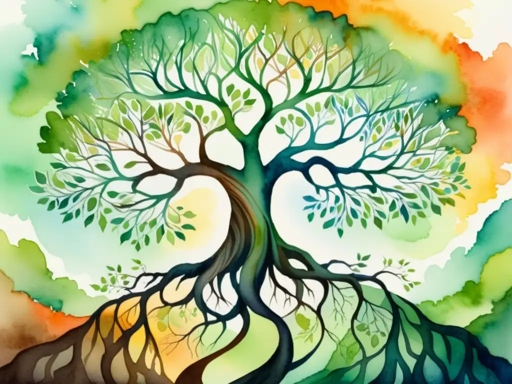 Árbol ancestral en acuarela: conexión espiritual y serenidad Una pintura acuarela hipnótica de un árbol sereno con raíces intrincadas que se conectan a la tierra, evocando una profunda introspección kabbalística y técnicas avanzadas de introspección personal