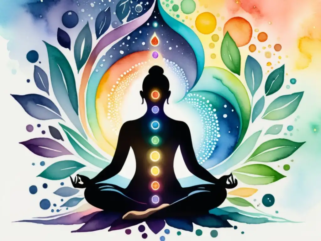 Una pintura acuarela impresionante de una persona meditando con chakras vibrantes resplandeciendo por su cuerpo, rodeada de un remolino de cristales de colores