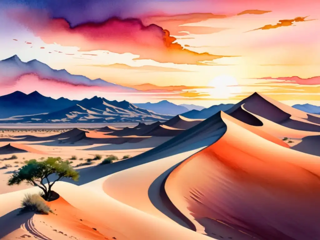 Paisaje desértico al atardecer: pintura acuarela Una pintura acuarela impresionante de un vasto paisaje desértico al atardecer, con tonos naranjas y rosados en el cielo