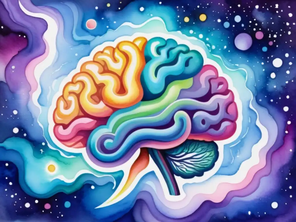Una pintura de acuarela intrincada muestra un cerebro humano suspendido en una galaxia vibrante de colores