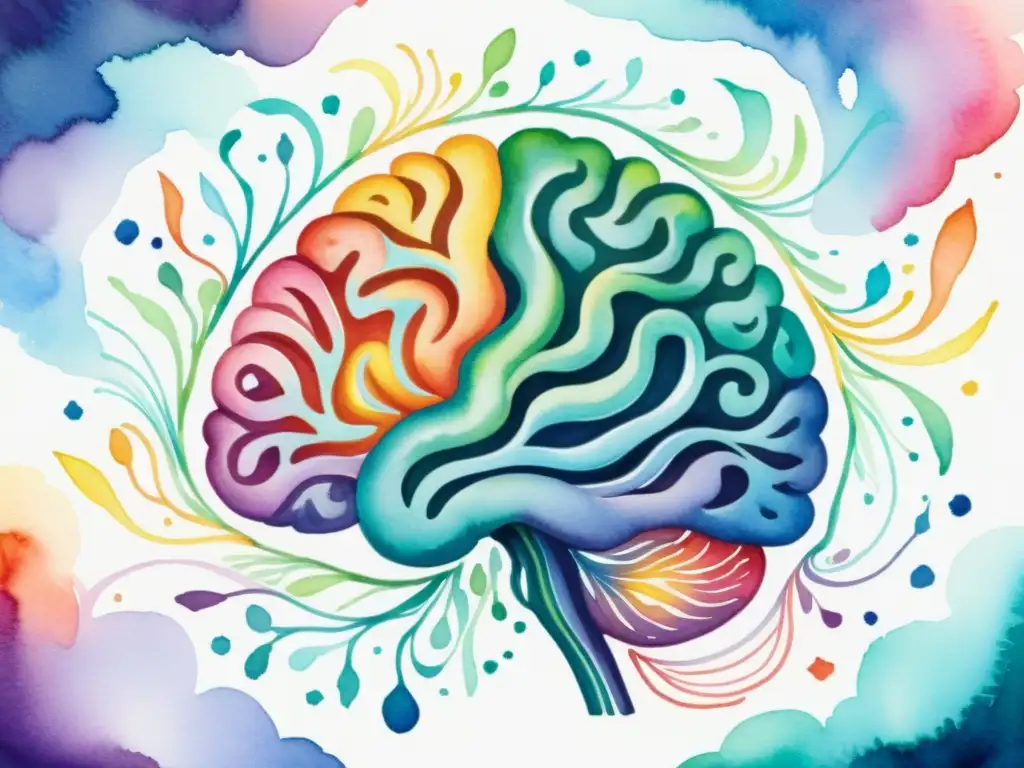 Una pintura acuarela intrincada de una mente que controla la materia, con energía vibrante y delicados hilos de pensamiento
