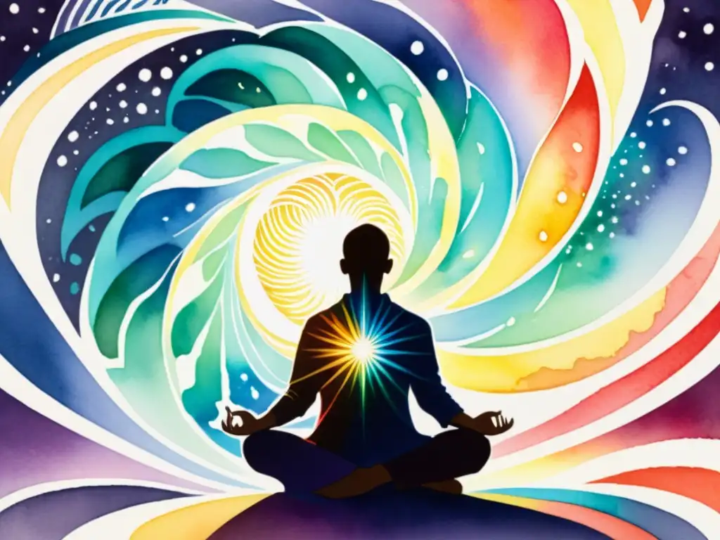 Zikr: Meditación en luz y color Una pintura de acuarela intrincada de una persona inmersa en la recitación sufí, rodeada por un aura de luz y color
