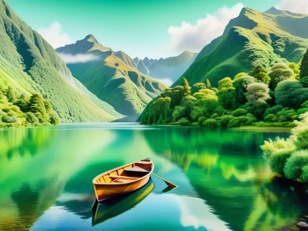 Pintura acuarela 8k de un lago tranquilo y neblinoso rodeado de montañas en Nueva Zelanda, ideal para retiro espiritual