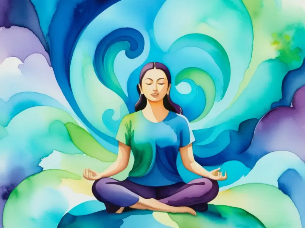 Meditación en Acuarela: Conexión y Serenidad Una pintura acuarela etérea muestra a una persona meditando en un remolino de colores