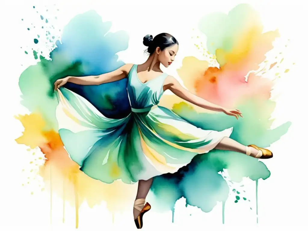 Danza contemporánea en acuarela: gracia y serenidad Una pintura acuarela serena de una bailarina contemporánea en una pose elegante, rodeada de pinceladas de colores pastel