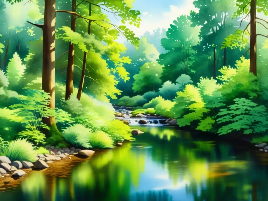 Arroyo sereno en el bosque: acuarela vibrante Una pintura acuarela serena de un bosque tranquilo con un arroyo