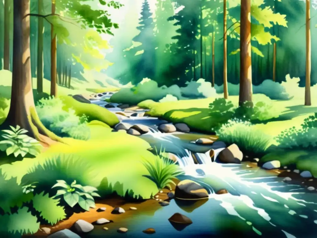 Acuarela serena: Bosque apacible y arroyo suave Una pintura acuarela serena de un bosque tranquilo con un arroyo suave