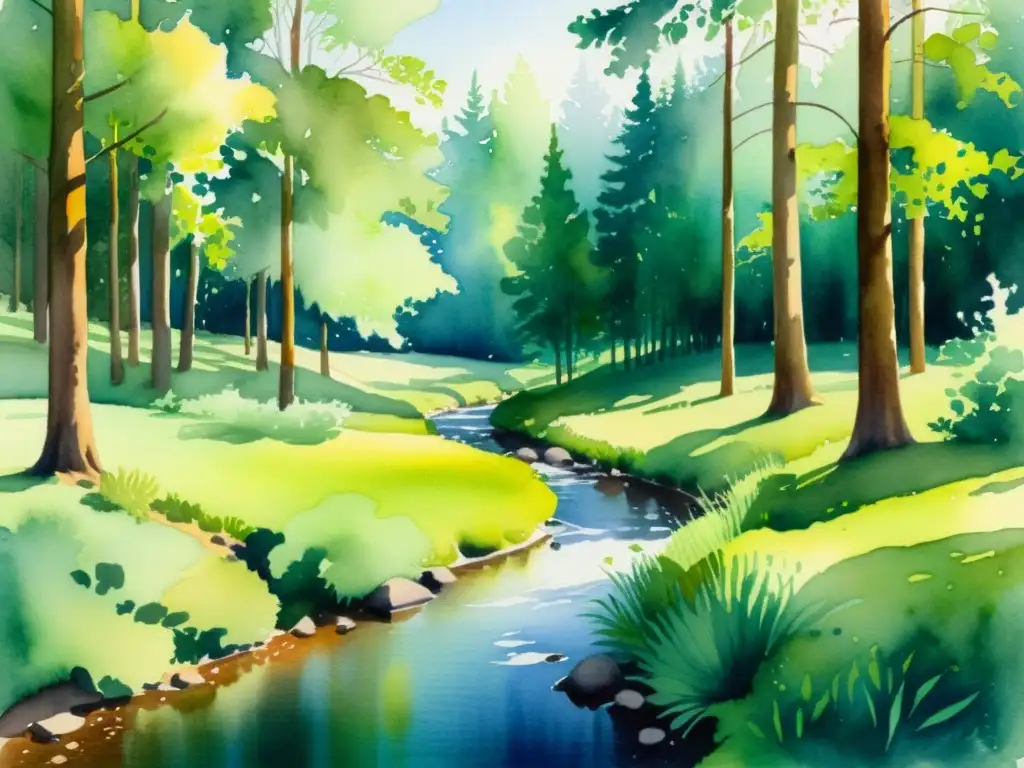 Acuarela serena: bosque tranquilo, luz suave Una pintura acuarela serena de un claro de bosque tranquilo, con luz solar filtrándose entre los árboles