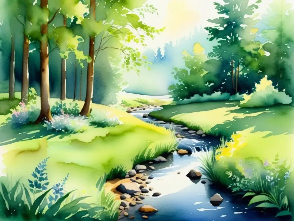 Paisaje sereno de bosque en acuarela Una pintura acuarela serena de un claro boscoso, con luz solar filtrándose entre las hojas