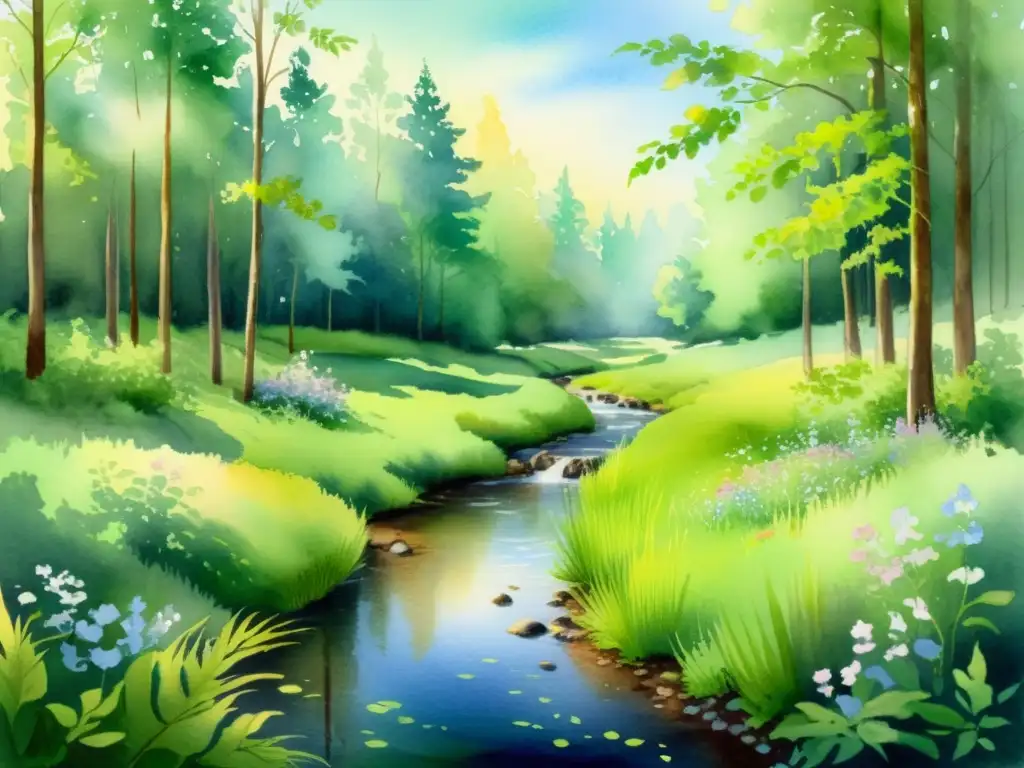 Tranquilo claro del bosque en acuarela Una pintura acuarela serena de un claro forestal tranquilo, con luz solar filtrándose a través de las hojas y creando una atmósfera pacífica y etérea