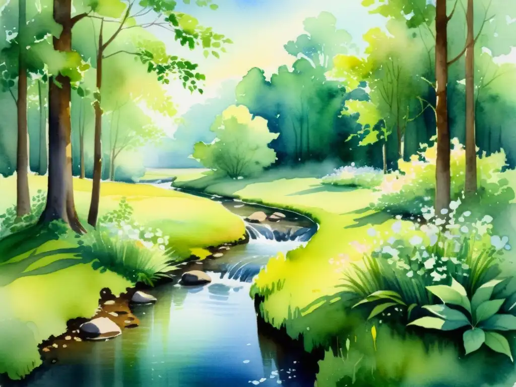 Pintura acuarela: Bosque tranquilo y sereno Una pintura acuarela serena de un claro forestal tranquilo, con luz solar filtrándose entre las hojas y creando un brillo suave en el suelo