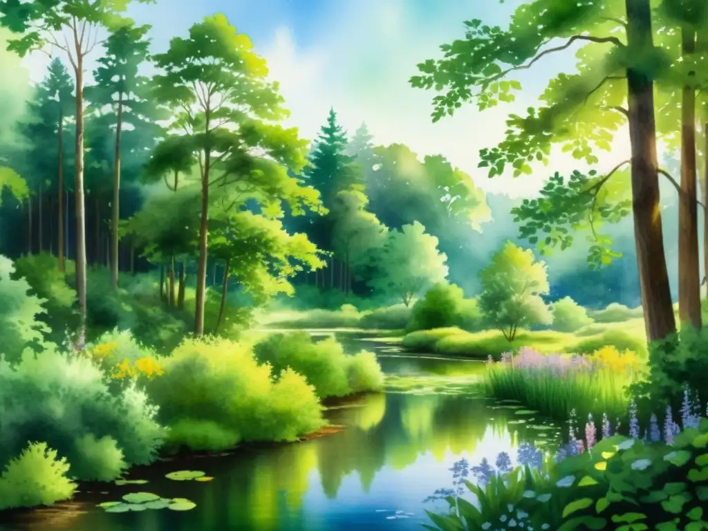 Una pintura acuarela serena de un claro boscoso, con luz solar filtrándose a través del dosel verde y reflejándose en un tranquilo estanque