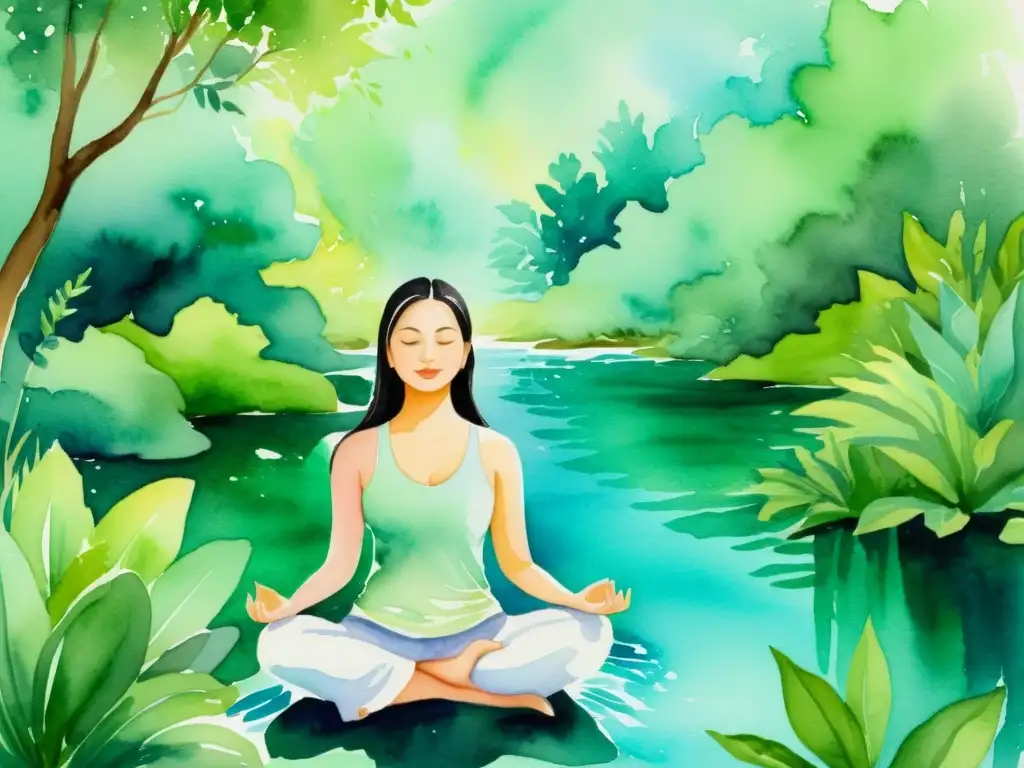 Meditación serena en entorno natural: acuarela Una pintura acuarela serena de alguien meditando en un entorno natural, rodeado de exuberante vegetación y agua tranquila