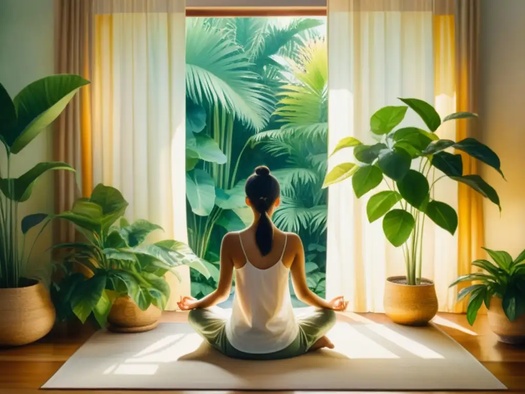 Meditación serena en un jardín interior iluminado Una pintura acuarela serena de meditación en un espacio tranquilo y soleado, rodeado de plantas exuberantes