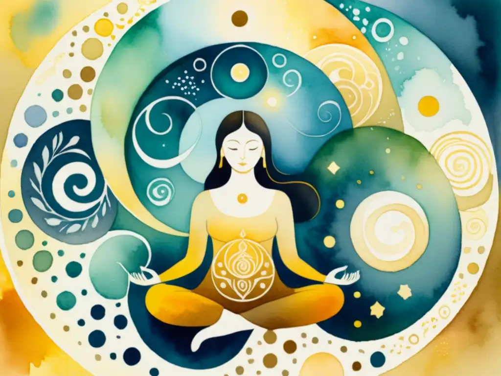 Figura en meditación Kabbalística: Serenidad dorada Una pintura acuarela serena y etérea de contemplación kabbalística para iluminación personal, con figuras y símbolos envolventes