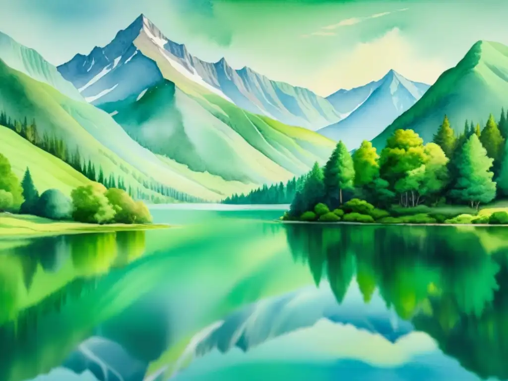 Armonía en la naturaleza: paisaje montañoso y lago sereno Una pintura en acuarela serena de un exuberante paisaje montañoso con un lago tranquilo en la base, reflejando la paz y serenidad