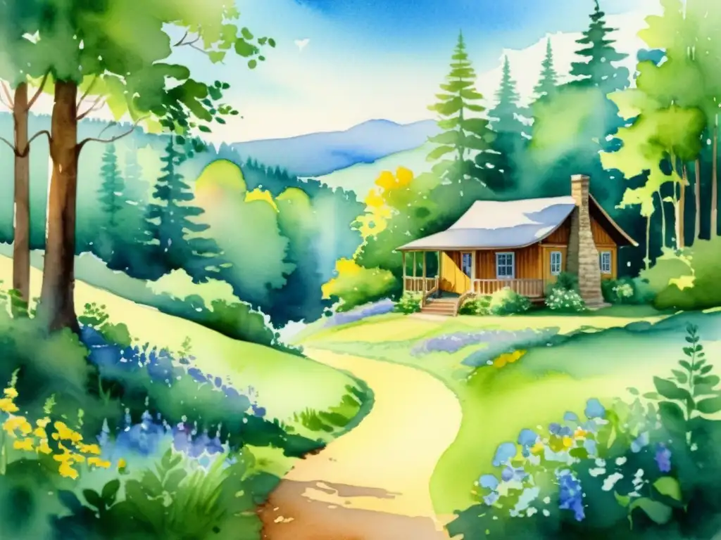 Una pintura acuarela serena de un exuberante y tranquilo bosque con un sendero que conduce a un claro soleado y pacífico