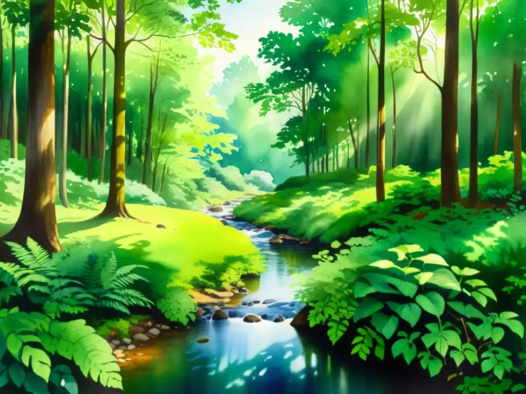 Bosque sereno: acuarela vibrante con luz y sombras Una pintura acuarela serena de un exuberante bosque con luz solar filtrándose a través del dosel, creando sombras moteadas en el suelo del bosque