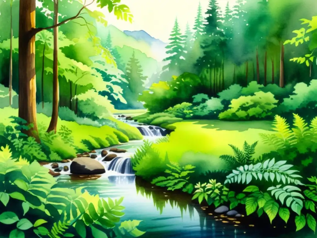 Bosque sereno: acuarela de la naturaleza exuberante Una pintura acuarela serena de un exuberante bosque verde con luz solar filtrándose entre las hojas, creando sombras moteadas en el suelo