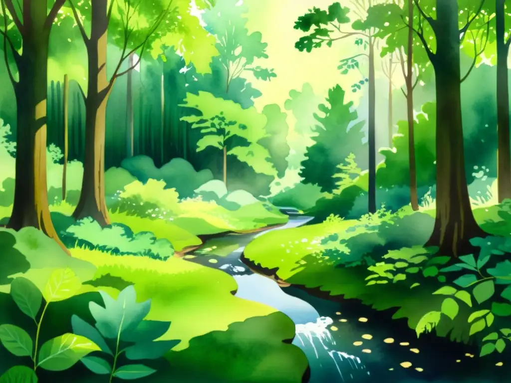 Bosque sereno: acuarela de la naturaleza Una pintura acuarela serena de un exuberante bosque verde, con luz solar filtrándose a través de las hojas, creando intrincados patrones de luz y sombra en el suelo del bosque
