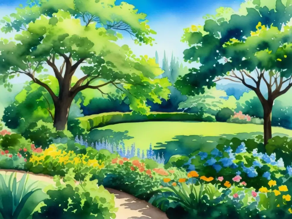 Una pintura acuarela serena de un exuberante jardín tranquilo con flores vibrantes en plena floración