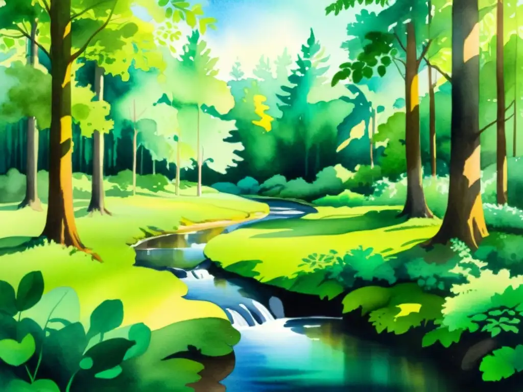 Bosque sereno: acuarela vibrante, paz y conexión espiritual Una pintura acuarela serena de un exuberante bosque tranquilo con luz solar filtrándose a través del dosel, creando sombras moteadas en el suelo
