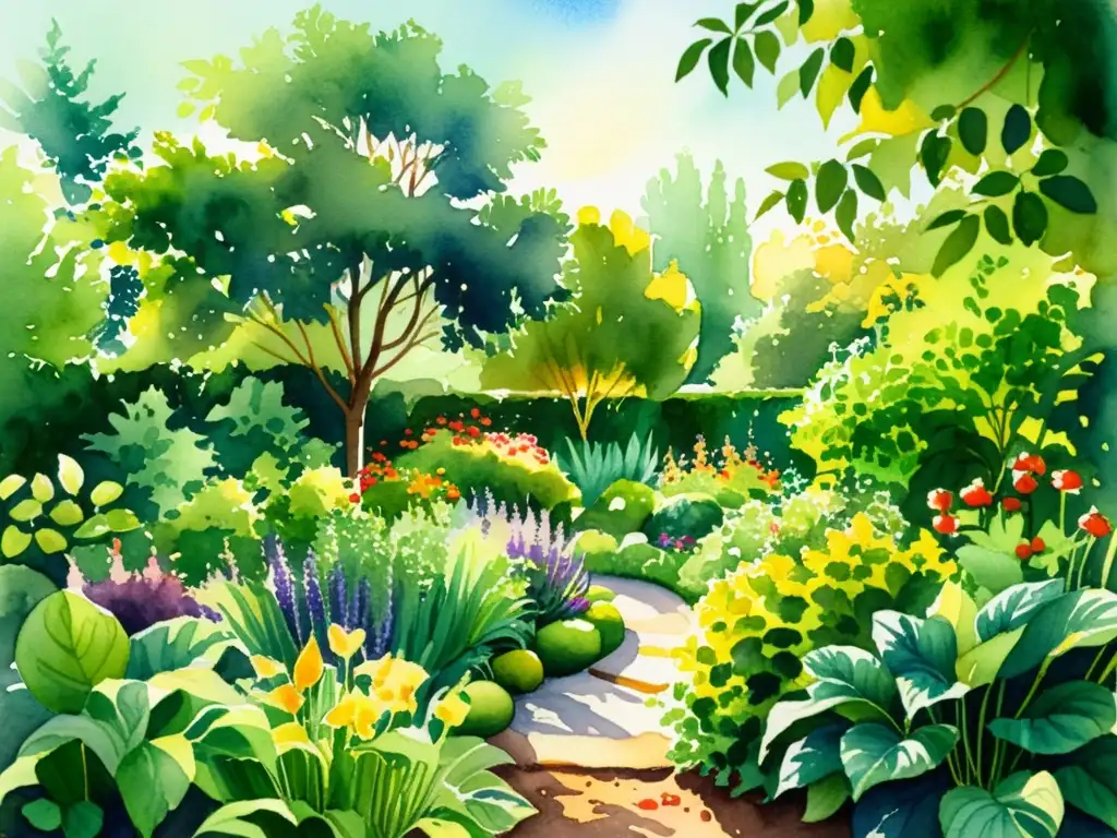 Jardín vibrante: Acuarela serena de frutas y hierbas Una pintura acuarela serena de un exuberante jardín vibrante lleno de frutas, verduras y hierbas