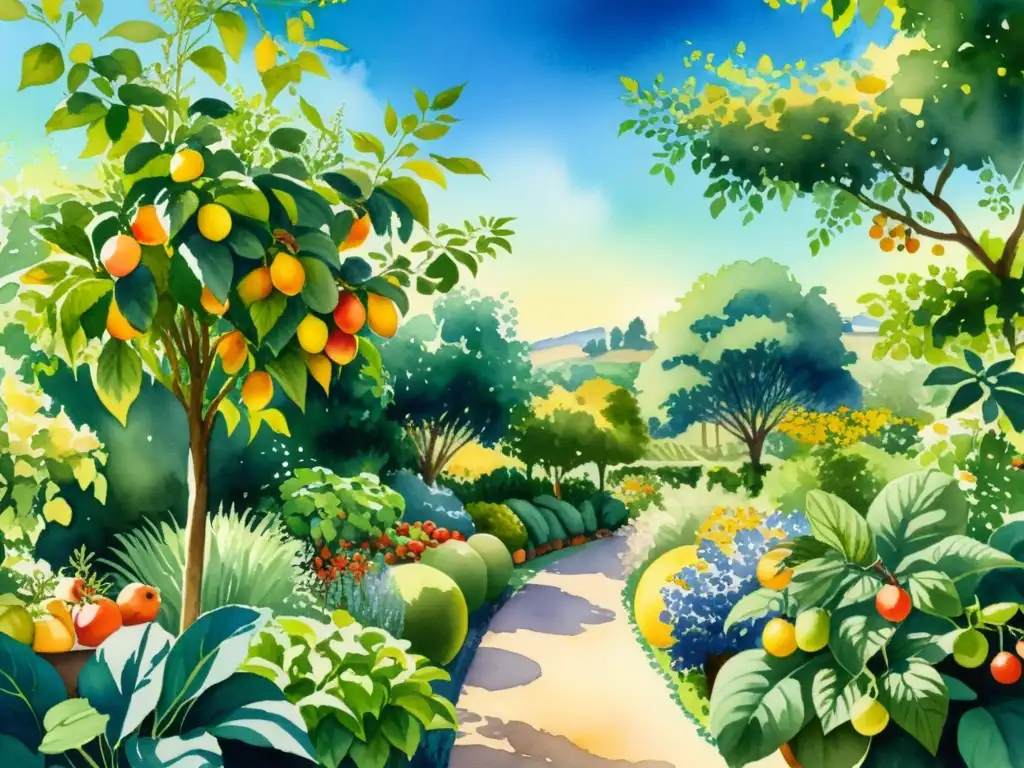 Jardín de la abundancia: Acuarela serena con frutas y verduras Una pintura acuarela serena de un exuberante jardín vibrante, bañado en cálido sol dorado