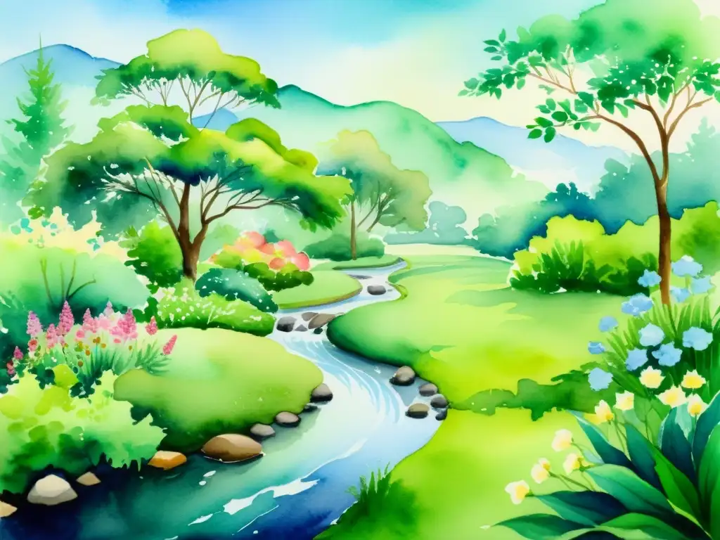 Jardín Ayurvédico: Serenidad en Acuarela Una pintura acuarela serena de un exuberante jardín Ayurvédico, con vegetación vibrante, flores en flor y un arroyo suavemente fluyente