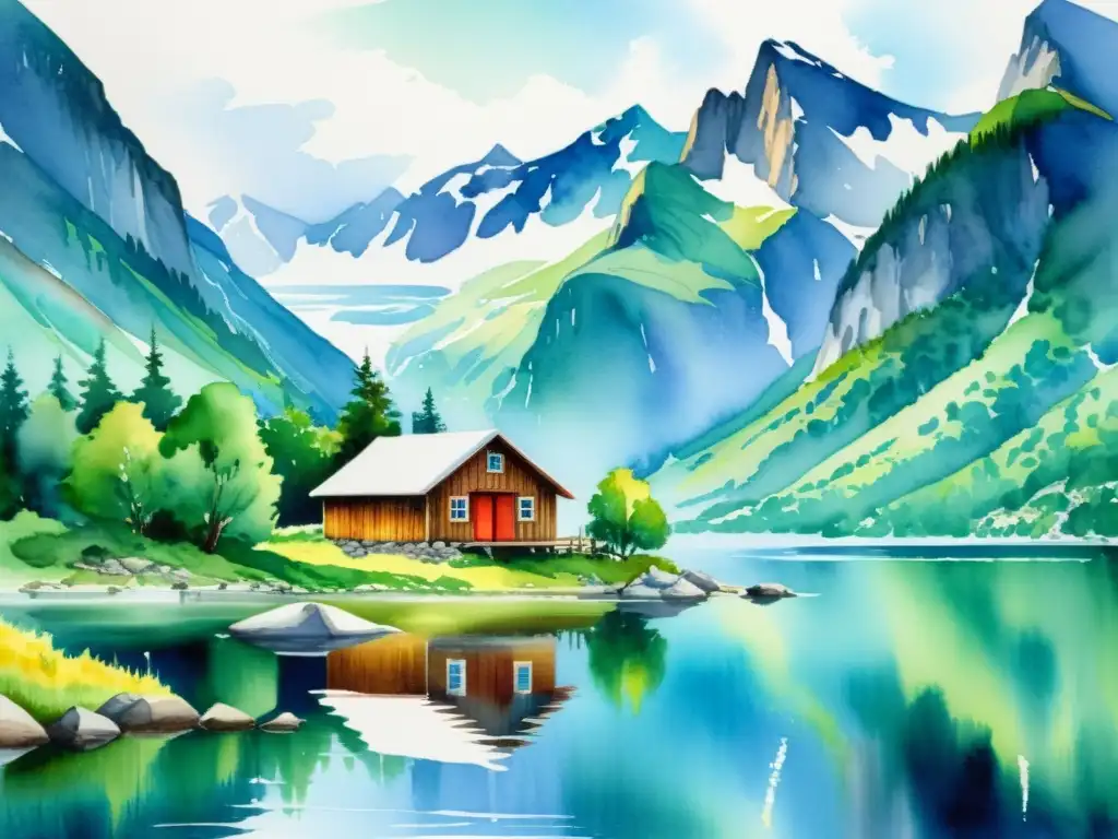 Pintura acuarela de un fiordo noruego sereno Una pintura acuarela serena de un fiordo tranquilo y majestuoso, reflejando la belleza natural de los fiordos noruegos para retiros espirituales