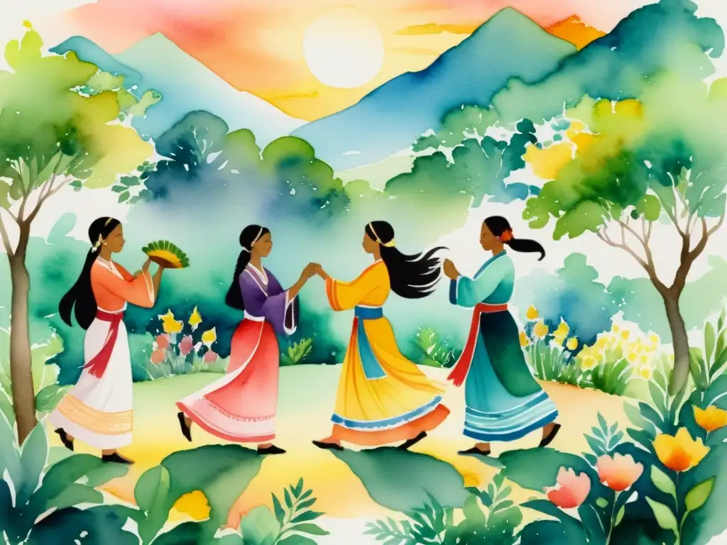 Ritual ancestral en la naturaleza: pintura acuarela Una pintura acuarela serena de un grupo en rituales ancestrales en retiros espirituales, rodeados de exuberante vegetación y flores vibrantes
