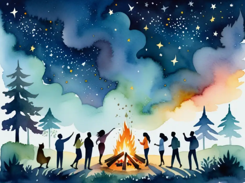 Ritual nocturno alrededor de la hoguera en el bosque Una pintura acuarela serena de un grupo alrededor de una fogata en un claro del bosque, bajo un cielo estrellado