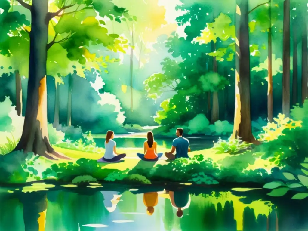 Meditación en el bosque: serenidad y calma Una pintura acuarela serena de individuos meditando en un claro de bosque