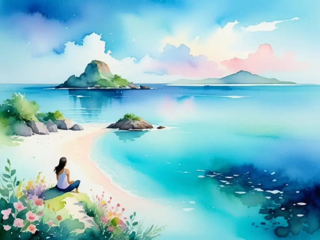 Paraíso sereno: isla remota y contemplación tranquila Una pintura acuarela serena de una isla remota rodeada de aguas turquesas cristalinas, con exuberante vegetación y flores vibrantes