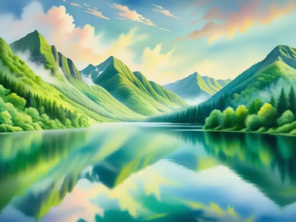 Pintura acuarela: Lago sereno entre montañas verdes Una pintura en acuarela serena de un lago tranquilo entre montañas verdes exuberantes, reflejando un paisaje hipnótico