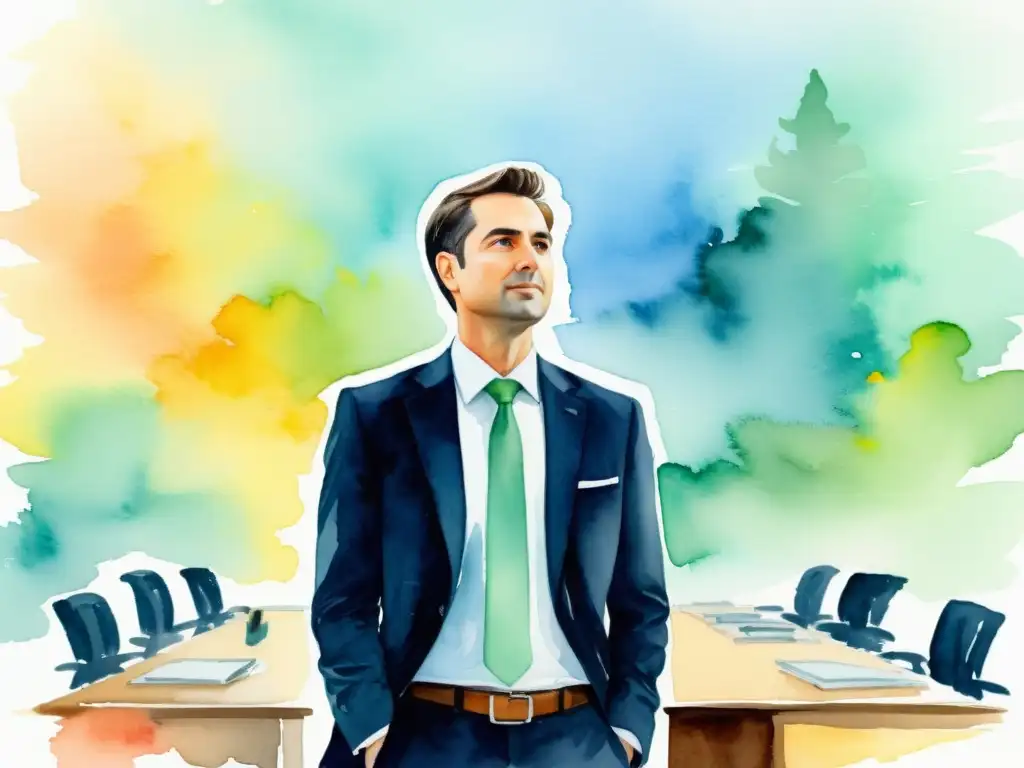 Líder sereno en oficina vibrante Una pintura acuarela serena de un líder con presencia y empatía en un bullicioso ambiente de oficina, transmitiendo calma y mindfulness