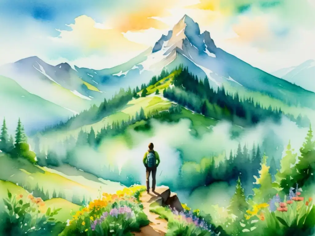 Montaña sagrada: un abrazo a la naturaleza Una pintura acuarela serena de una majestuosa montaña envuelta en niebla, con árboles verdes y flores silvestres
