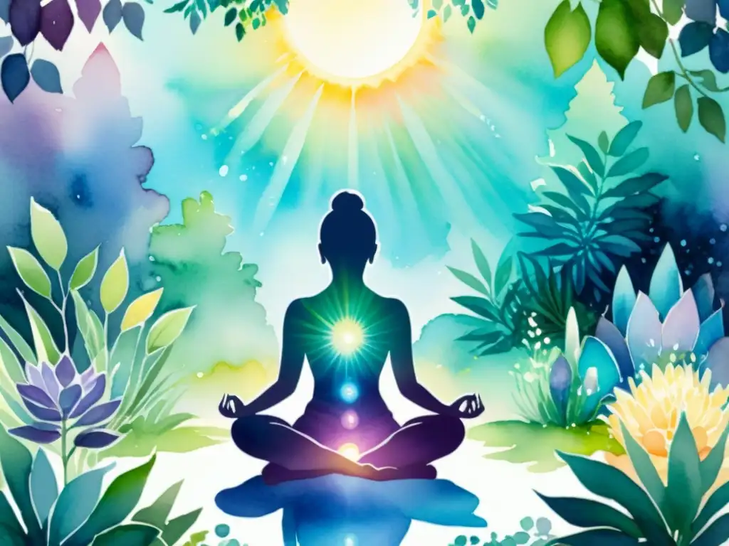 Una pintura acuarela serena y mística de meditación rodeada de cristales vibrantes en un jardín tranquilo
