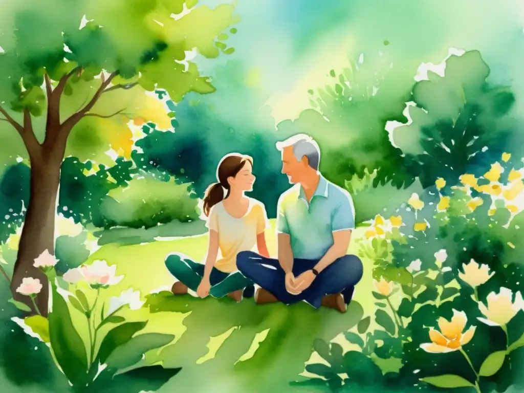 Mindfulness en el jardín: conexión serena entre padres e hijos Una pintura acuarela serena de un padre y un niño practicando mindfulness en un jardín