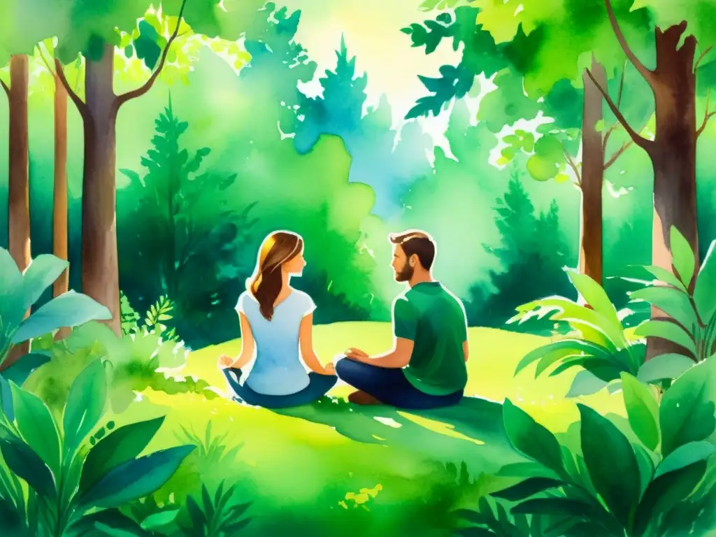 Una pintura acuarela serena de una pareja meditando en un claro del bosque, evocando retiros espirituales para parejas introspectivas