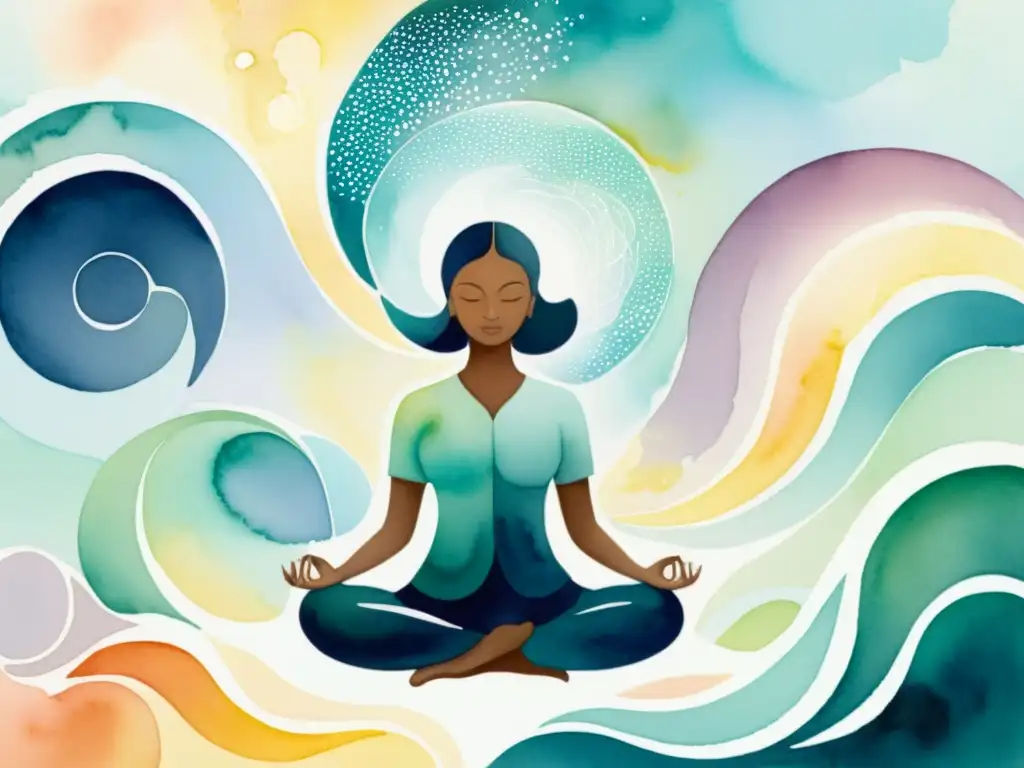 Una pintura acuarela serena de meditación, con patrones etéreos representando la interconexión mente-control-materia